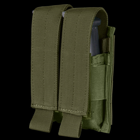 The Condor Double Pistol Mag Pouch in Olive Drab features two compartments, each holding a magazine, with secure flap closures.