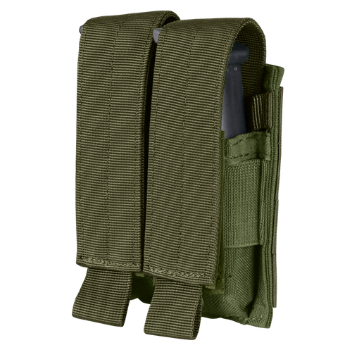 The Condor Double Pistol Mag Pouch in Olive Drab features two compartments, each holding a magazine, with secure flap closures.