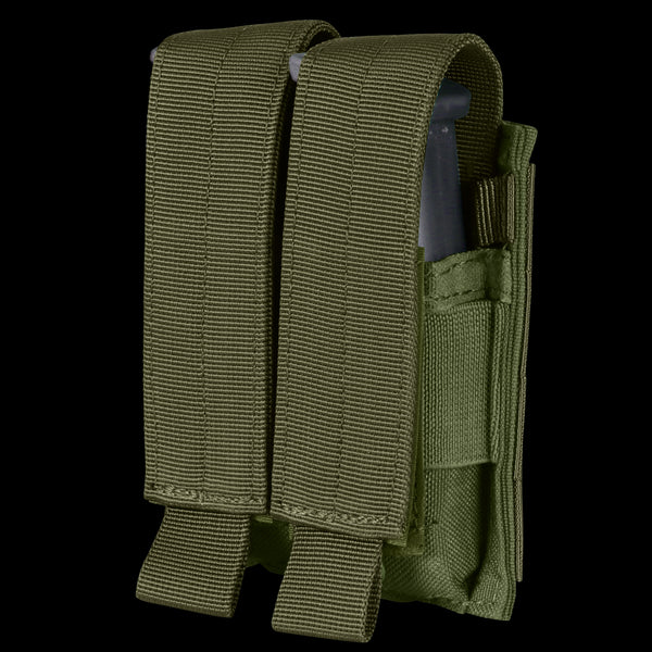 The Condor Double Pistol Mag Pouch in Olive Drab features two compartments, each holding a magazine, with secure flap closures.