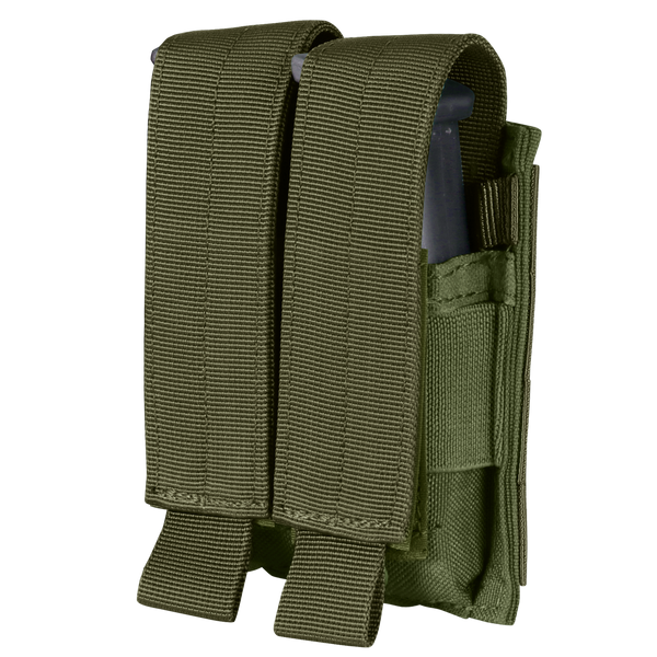 The Condor Double Pistol Mag Pouch in Olive Drab features two compartments, each holding a magazine, with secure flap closures.