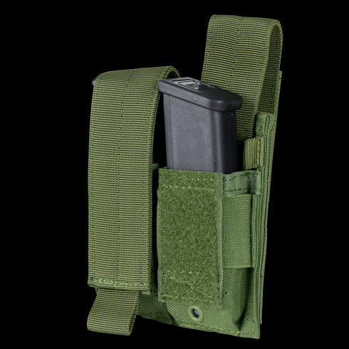 The Condor Double Pistol Mag Pouch in MultiCam Black securely holds a black pistol magazine, with the Velcro flap partially open—ideal for EDC or bushcraft use.