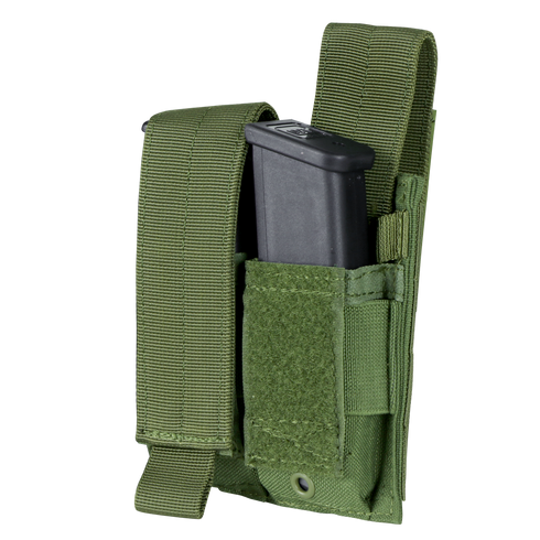 The Condor Double Pistol Mag Pouch in MultiCam Black securely holds a black pistol magazine, with the Velcro flap partially open—ideal for EDC or bushcraft use.