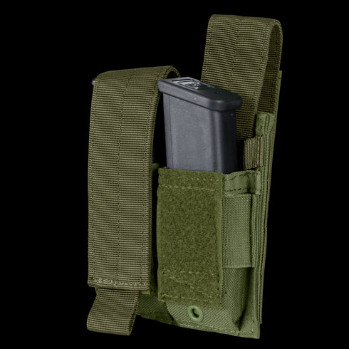 The Condor Double Pistol Mag Pouch in green features a Velcro flap and securely holds a partially inserted black pistol magazine.