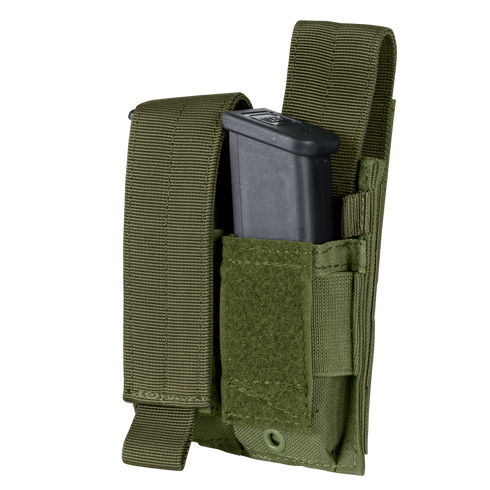 The Condor Double Pistol Mag Pouch in green features a Velcro flap and securely holds a partially inserted black pistol magazine.