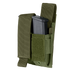 The Condor Double Pistol Mag Pouch in green features a Velcro flap and securely holds a partially inserted black pistol magazine.