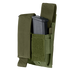 The Condor Double Pistol Mag Pouch in green features a Velcro flap and securely holds a partially inserted black pistol magazine.