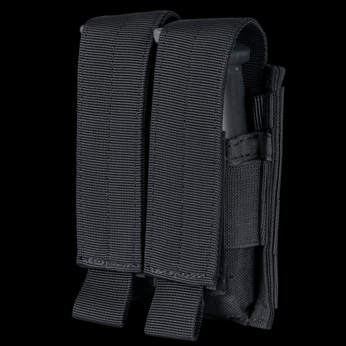 The Condor Double Pistol Mag Pouch is a black nylon pouch with two Velcro-secured compartments, perfect for carrying extra mags—ideal for law enforcement or EDC at the range.