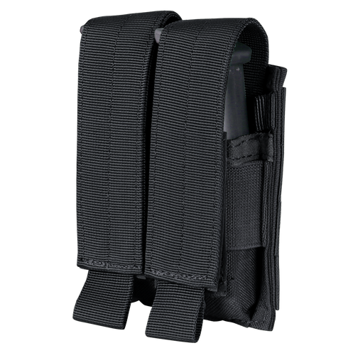 The Condor Double Pistol Mag Pouch is a black nylon pouch with two Velcro-secured compartments, perfect for carrying extra mags—ideal for law enforcement or EDC at the range.