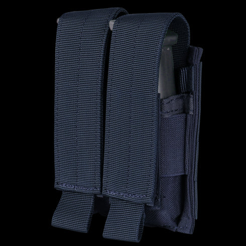 The Condor Double Pistol Mag Pouch features two compartments with flap covers in navy blue, designed to securely carry extra magazines—perfect for law enforcement or shooting range use.
