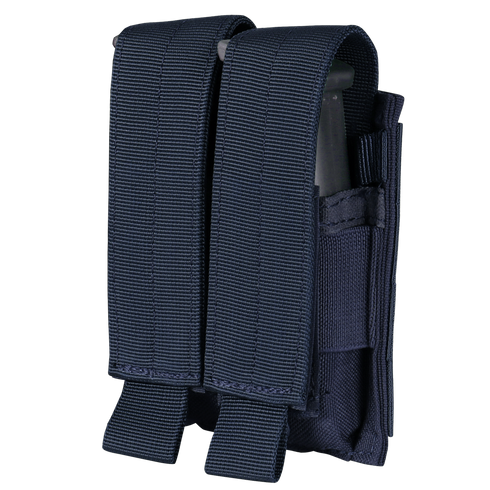 The Condor Double Pistol Mag Pouch features two compartments with flap covers in navy blue, designed to securely carry extra magazines—perfect for law enforcement or shooting range use.