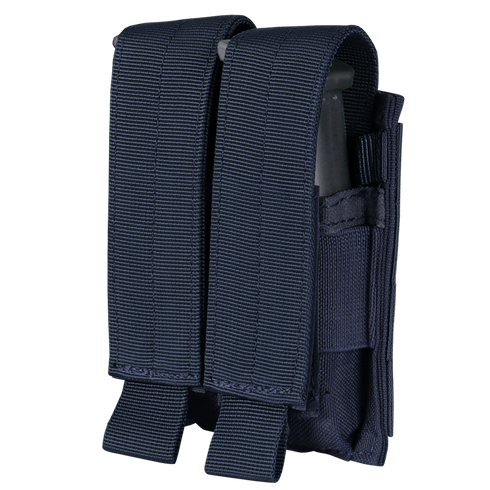 The Condor Double Pistol Mag Pouch features two compartments with flap covers in navy blue, designed to securely carry extra magazines—perfect for law enforcement or shooting range use.