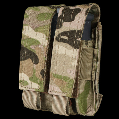 The Condor Double Pistol Mag Pouch in MultiCam holds two black magazines in separate slots, each secured by Velcro flaps.