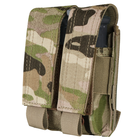 The Condor Double Pistol Mag Pouch in MultiCam holds two black magazines in separate slots, each secured by Velcro flaps.