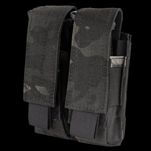 The Condor Double Pistol Mag Pouch in MultiCam Black securely holds ammunition magazines with two flaps and reinforced stitching.