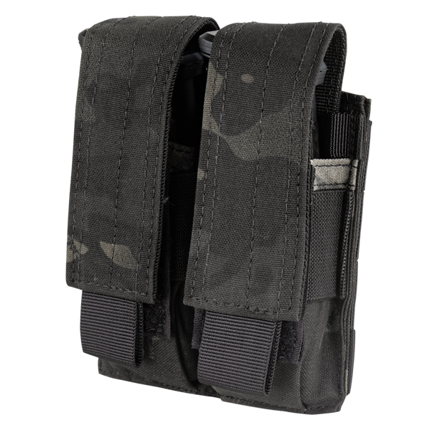The Condor Double Pistol Mag Pouch in MultiCam Black securely holds ammunition magazines with two flaps and reinforced stitching.