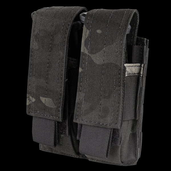 The Condor Double Pistol Mag Pouch in MultiCam Black securely holds ammunition magazines with two flaps and reinforced stitching.