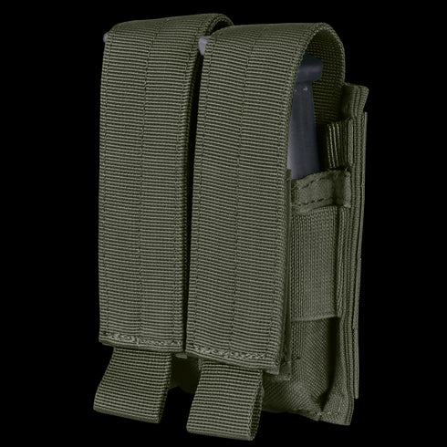 The Condor Double Pistol Mag Pouch in olive green is made from heavy-duty fabric, has two compartments with flap covers and hook-and-loop closures, and is perfect for EDC or first responders.