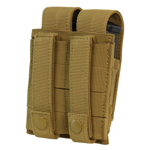 The Condor Double Pistol Mag Pouch in MultiCam Black holds two magazines, features snap closures, reinforced stitching, and durable fabric—ideal for EDC or law enforcement.