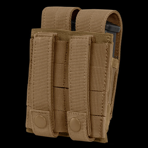 The Condor Double Pistol Mag Pouch is a tan nylon tactical pouch with two compartments, flap covers, and snap button closures—ideal for law enforcement or bushcraft use.