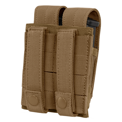 The Condor Double Pistol Mag Pouch is a tan nylon tactical pouch with two compartments, flap covers, and snap button closures—ideal for law enforcement or bushcraft use.