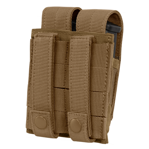 The Condor Double Pistol Mag Pouch is a tan nylon tactical pouch with two compartments, flap covers, and snap button closures—ideal for law enforcement or bushcraft use.