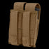 The Condor Double Pistol Mag Pouch is a tan nylon tactical pouch with two compartments, flap covers, and snap button closures—ideal for law enforcement or bushcraft use.