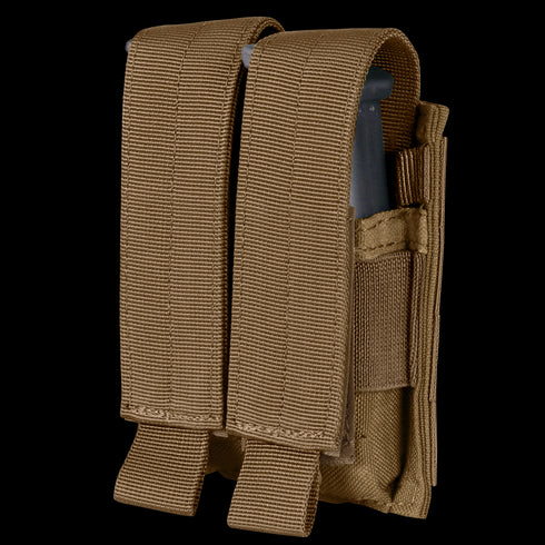 The Condor Double Pistol Mag Pouch in tan features two nylon compartments with hook-and-loop flaps for secure magazine storage—ideal for military or law enforcement users.
