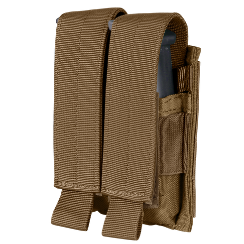 The Condor Double Pistol Mag Pouch in tan features two nylon compartments with hook-and-loop flaps for secure magazine storage—ideal for military or law enforcement users.