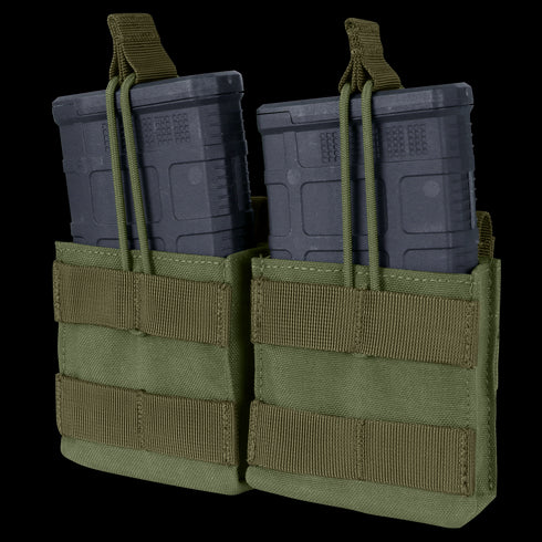 Two black rifle magazines are secured in a Condor Double M14 Open-Top Mag Pouch in Olive Drab, featuring MOLLE webbing and retention straps.