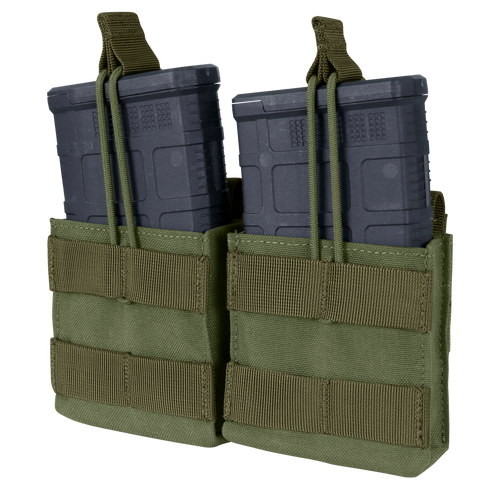 Two black rifle magazines are secured in a Condor Double M14 Open-Top Mag Pouch in Olive Drab, featuring MOLLE webbing and retention straps.