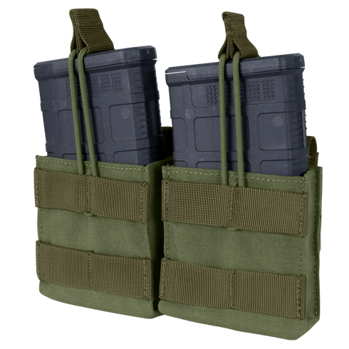 Two black rifle magazines are secured in a Condor Double M14 Open-Top Mag Pouch in Olive Drab, featuring MOLLE webbing and retention straps.