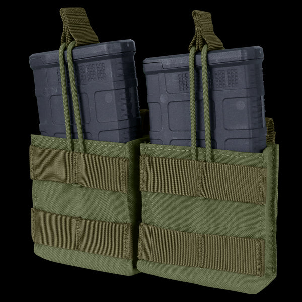 Two black rifle magazines are secured in a Condor Double M14 Open-Top Mag Pouch in Olive Drab, featuring MOLLE webbing and retention straps.