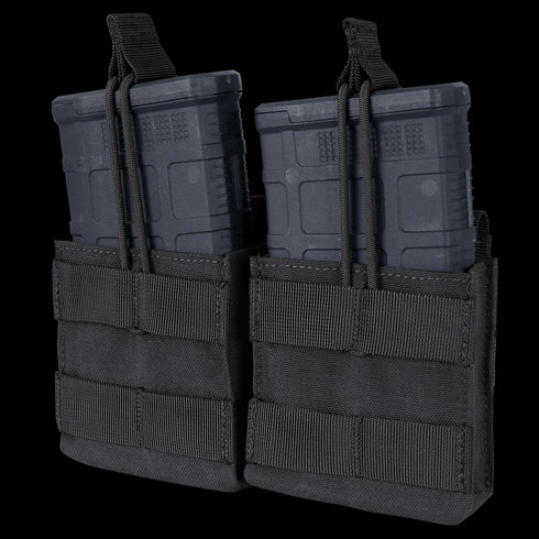 The Condor Double M14 Open-Top Mag Pouch is a black tactical pouch designed to hold two rifle magazines securely, making it ideal for use at the range or during military operations.