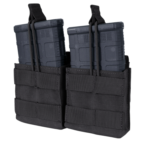 The Condor Double M14 Open-Top Mag Pouch is a black tactical pouch designed to hold two rifle magazines securely, making it ideal for use at the range or during military operations.