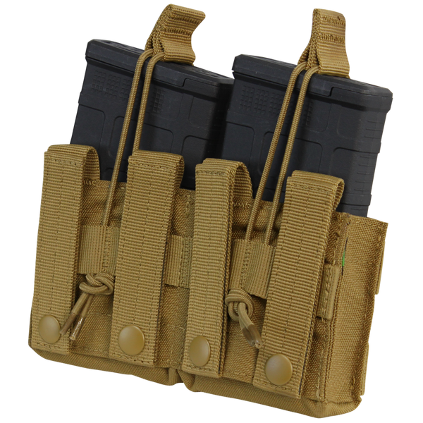 The Condor Double M14 Open-Top Mag Pouch in Scorpion OCP securely holds two rifle magazines with elastic bungee retention.