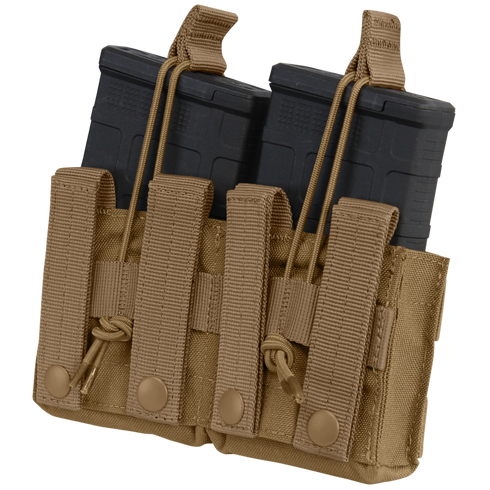 The Condor Double M14 Open-Top Mag Pouch, in tan, securely holds two black rifle magazines with bungee retention cords and snap button straps—perfect for law enforcement or first responders.