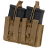 The Condor Double M14 Open-Top Mag Pouch, in tan, securely holds two black rifle magazines with bungee retention cords and snap button straps—perfect for law enforcement or first responders.