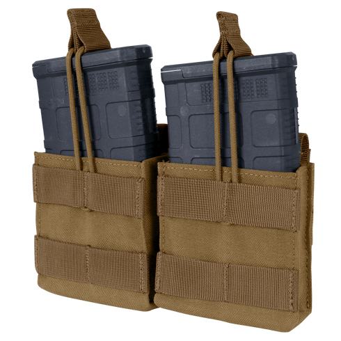 The Condor Double M14 Open-Top Mag Pouch in tan holds two black rifle magazines with elastic retention straps, perfect for military or EDC use.