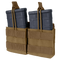 The Condor Double M14 Open-Top Mag Pouch in tan holds two black rifle magazines with elastic retention straps, perfect for military or EDC use.