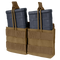 The Condor Double M14 Open-Top Mag Pouch in tan holds two black rifle magazines with elastic retention straps, perfect for military or EDC use.