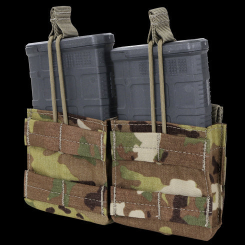 Two magazines in a Condor Double M14 Open-Top Mag Pouch, Scorpion OCP camouflage color, with retention straps.
