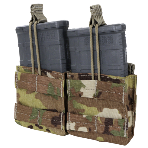 Two magazines in a Condor Double M14 Open-Top Mag Pouch, Scorpion OCP camouflage color, with retention straps.