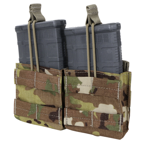 Two magazines in a Condor Double M14 Open-Top Mag Pouch, Scorpion OCP camouflage color, with retention straps.
