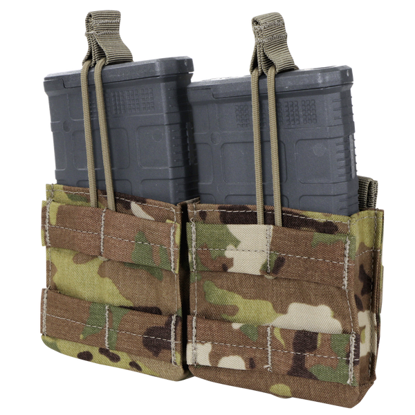 Two magazines in a Condor Double M14 Open-Top Mag Pouch, Scorpion OCP camouflage color, with retention straps.