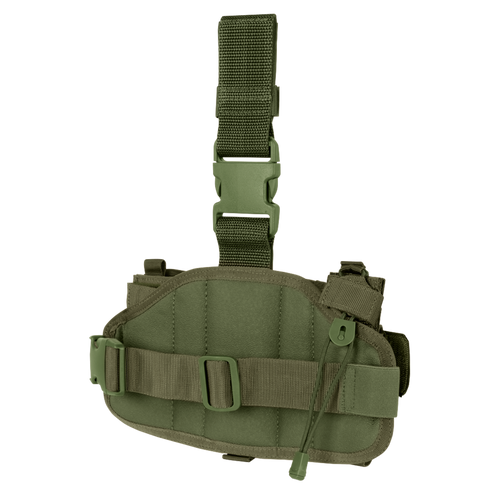 The Condor EMT Leg Rig in olive green features adjustable straps, a quick-release buckle, and a retention system for secure handgun carry.