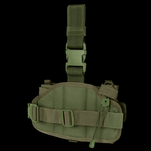 The Condor Utility Leg Rig in olive green features adjustable straps, a quick-release buckle, and a side pouch attachment for tactical use.