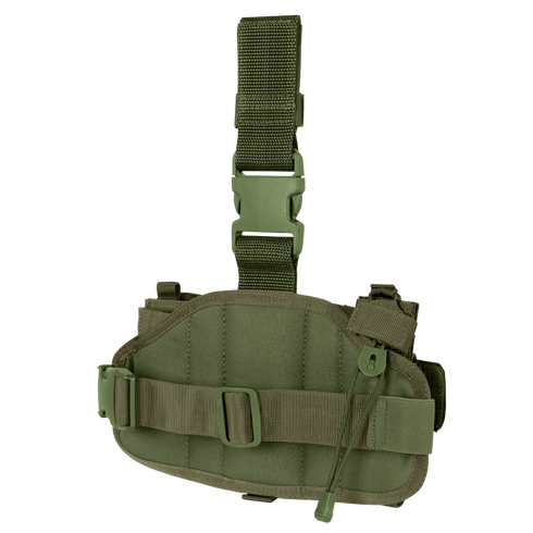 The Condor Utility Leg Rig in olive green features adjustable straps, a quick-release buckle, and a side pouch attachment for tactical use.