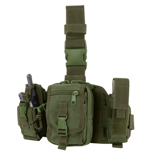 The Condor Utility Leg Rig in Olive Drab features multiple compartments, a buckle closure, adjustable straps, and side pockets holding a small flashlight and a multi-tool.