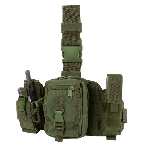 The Condor Utility Leg Rig in Olive Drab features multiple compartments, a buckle closure, adjustable straps, and side pockets holding a small flashlight and a multi-tool.
