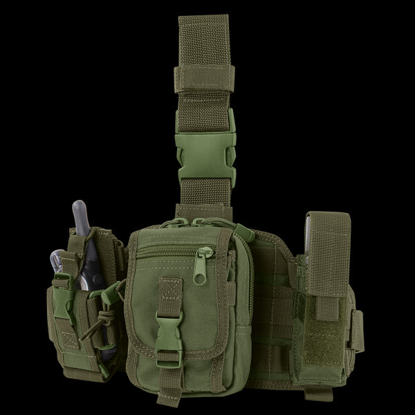 The Condor Utility Leg Rig in Olive Drab features multiple compartments, a buckle closure, adjustable straps, and side pockets holding a small flashlight and a multi-tool.